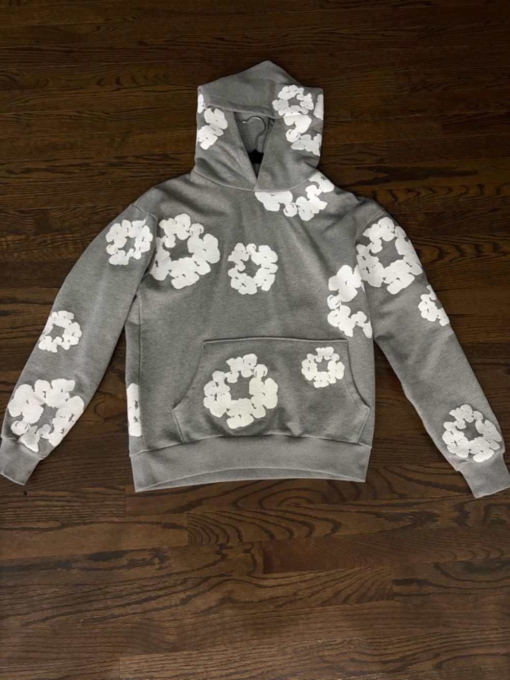 Gray Hoodie with White Floral Clusters Graphic - Picture 2 of 4
